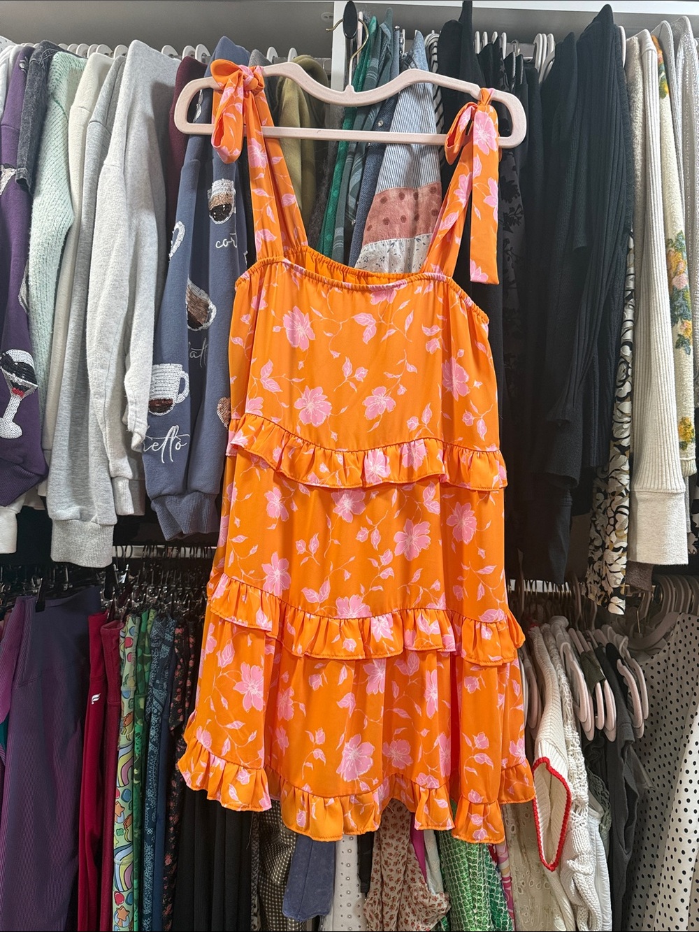 Buddy Love Orange Tie-Shoulder Mini Dress with Pink Floral